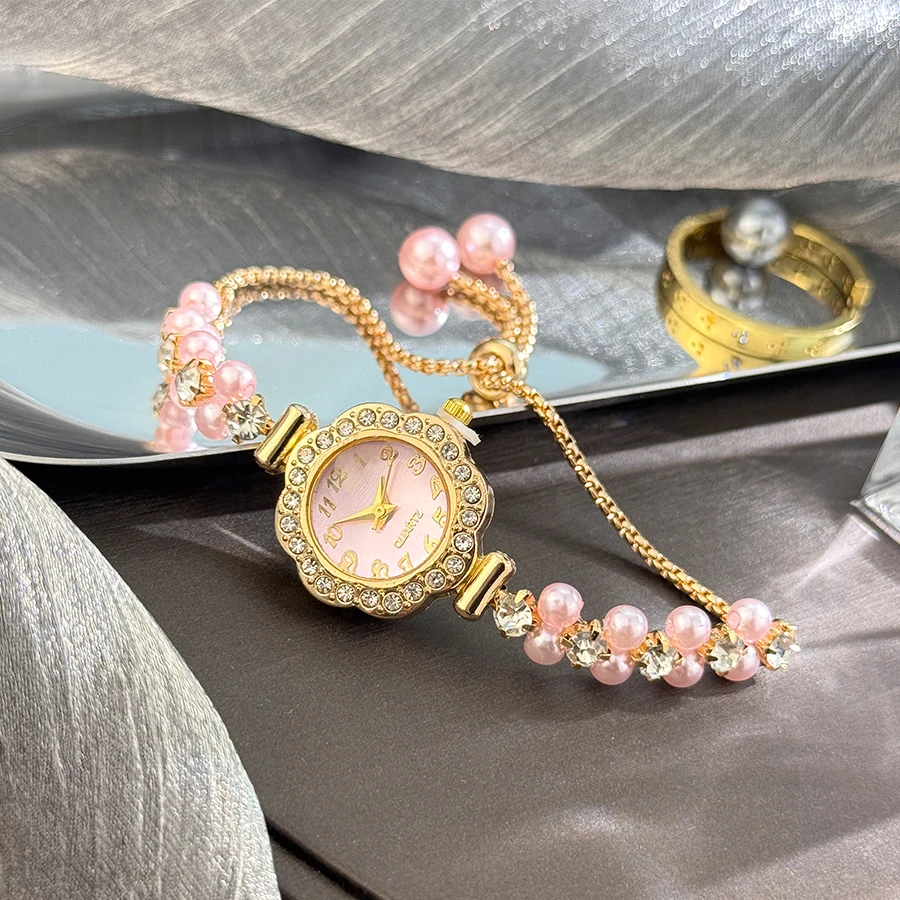 French Romantic Pearl Slide-On Bracelet Watch for Women with Flower Diamond Inlay Fashion Quartz Timepiece Lady's Accessory - 6