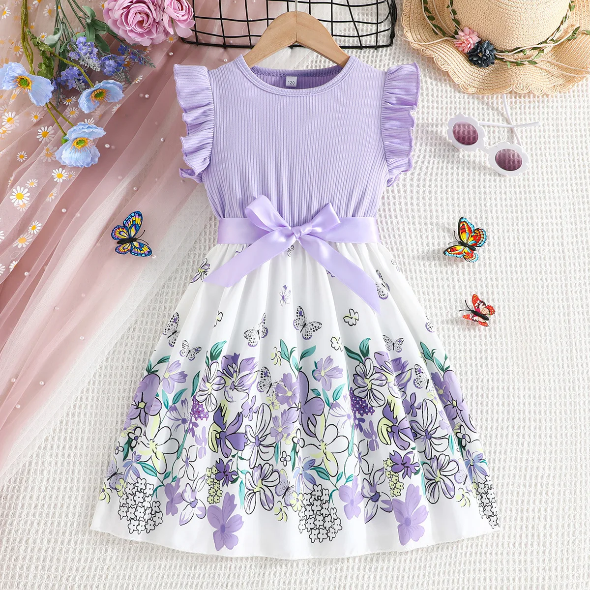 

New Baby Girls Multicolor Sweet Splicing Flower Graphic Flutter Trim Sleeveless Dress With Bow Belt Summer Kids Clothes