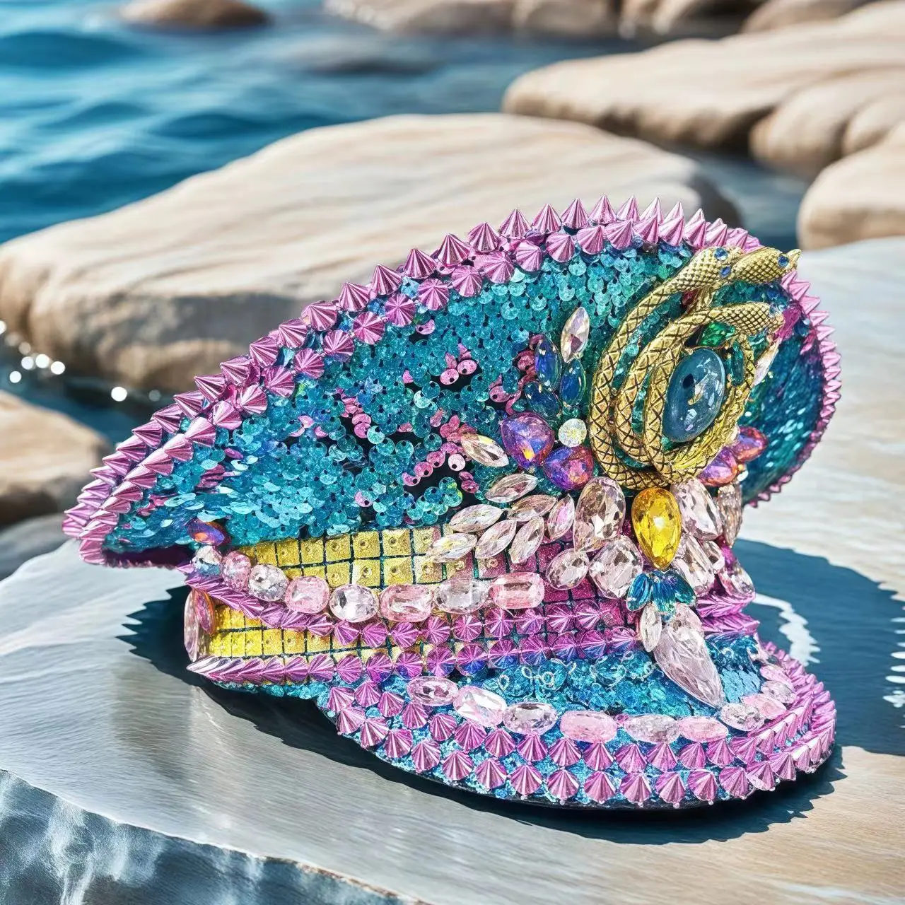 Bling Captain Hat Rhinestone Captains Hat for Men Handmade Steampunk Burning Man Ramadan Masquerade HongLuan Summer Cap