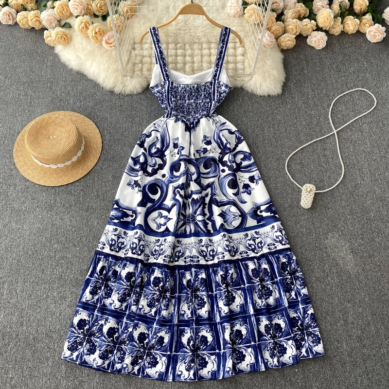 Runway Summer Holiday Maxi Dress Women's Spaghetti Strap V Neck Backless Blue And White Porcelain Print Vacation Long Vestido