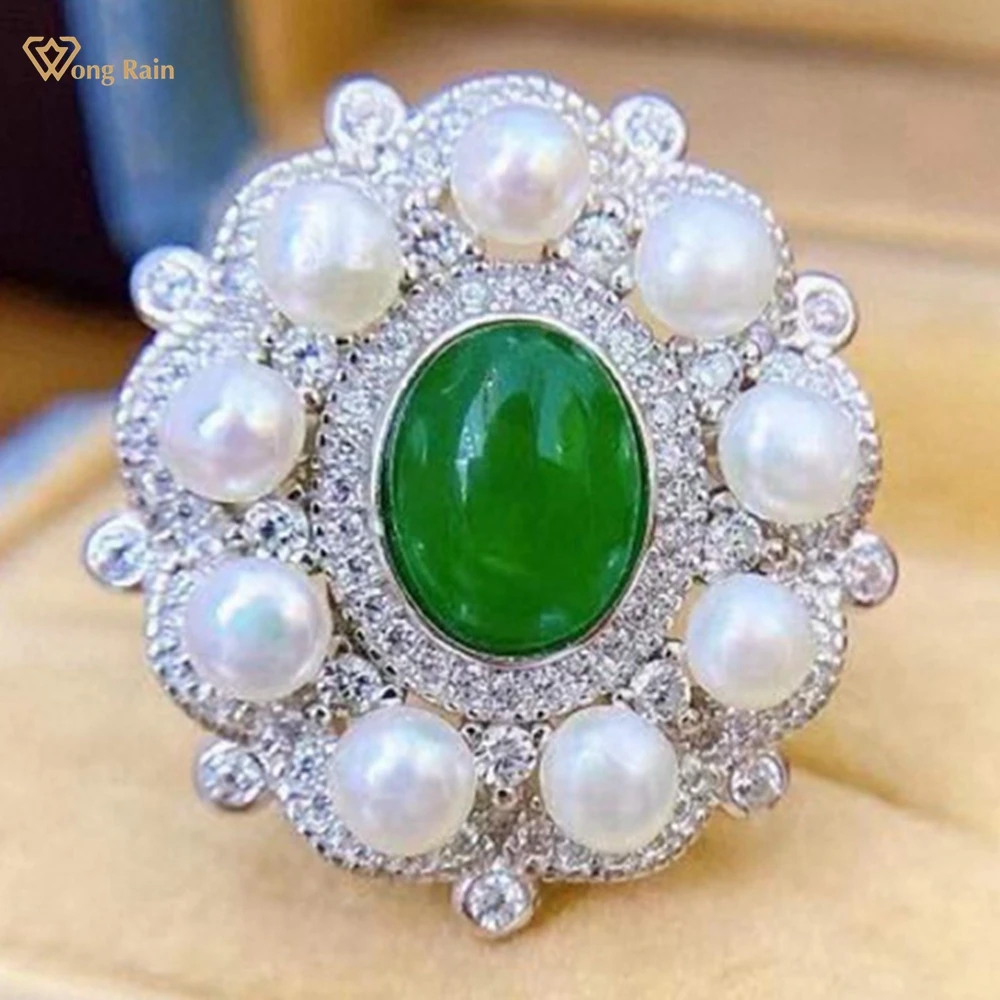 Wong Rain Vintage 925 Sterling Silver 3-4 MM Natural Pearl Emerald Aquamarine Gemstone Adjustable Women Ring Customized Jewelry