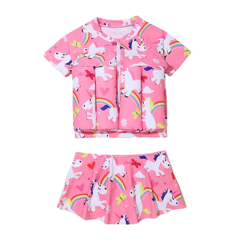 2Pcs Kids Girls Cute Animal Print Swimming Suit Round Neck Long Sleeve Buoyancy + Briefs Set Swimwear