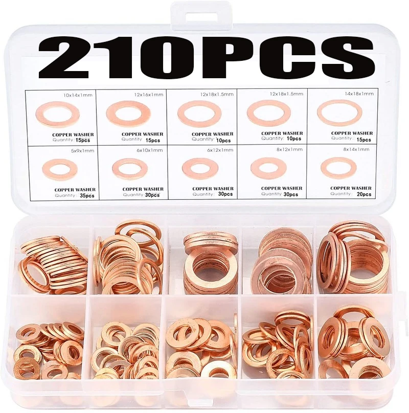 

210Pcs M5-M14 Copper Sealing Solid Gasket Washer Sump Plug Oil For Boat Crush Flat Seal Ring Tool Hardware Accessories Pack New