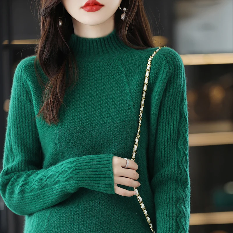 

Autumn and winter new 100% wool sweater women's half turtleneck loose pullover solid color knitted bottoming sweater women's top