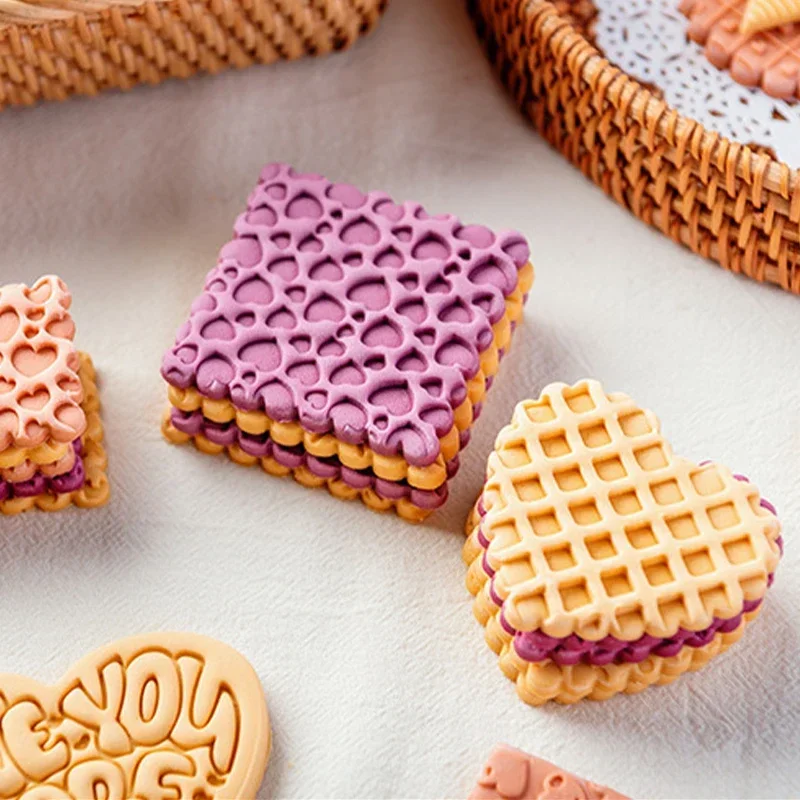 Geometric Love Pattern Valentine's Day Fondant Biscuit Mold English Letter 3D Embossing Stamp Wedding Birthday Party Baking Tool baking mold cookie printing mold