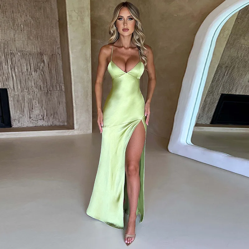 

Elegant Satin Backless Maxi Dress for Women 2023 Summer V Neck Sleeveless High Split Club Party Long Dress Vestidos Green