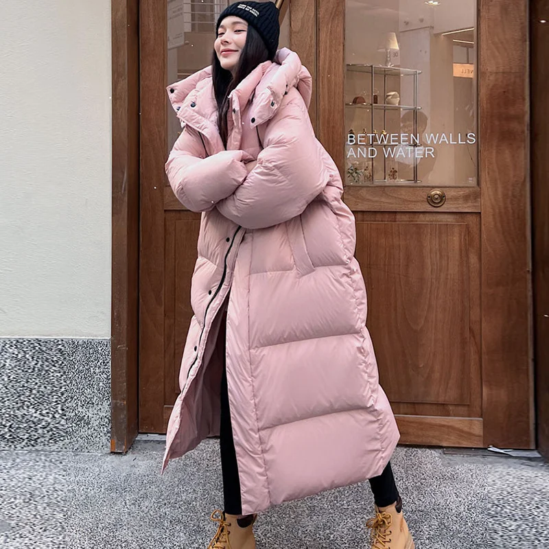 White Duck Down Jacket Women's Mid-length Winter Ins Tide Korean Version of Loose Thick Warm Hooded Big Fur Collar Jacket