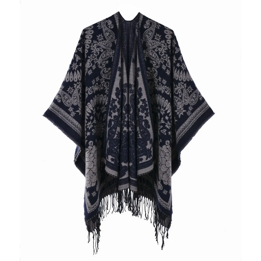 

Autumn Winter Split Knitted Shawl Tassel Double Sided Split Women Imitation Cashmere Poncho Lady Capes Navy Cloaks