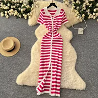 YuooMuoo Chic Fashion Sexy Wrap Hips Knitted Maxi Dress 2025 Summer Women Single-breasted Stripes Sweater Dress Streetwear Robes 2