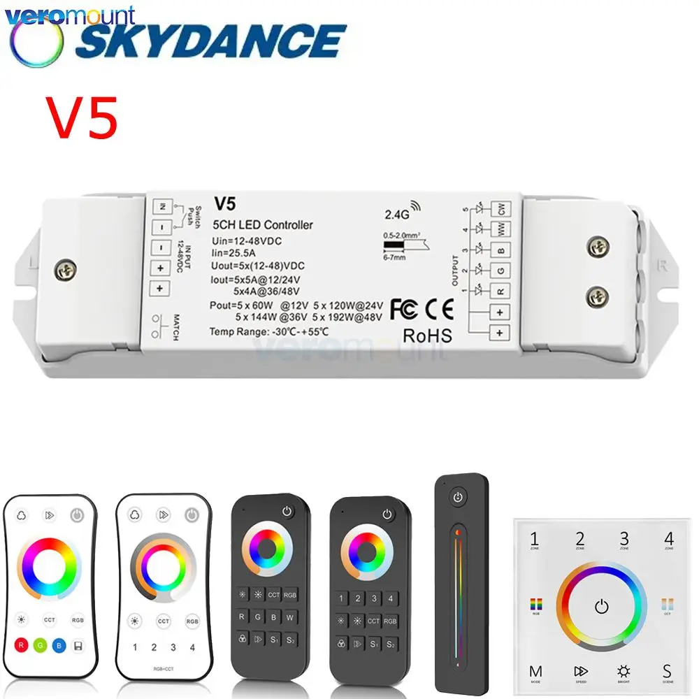 

Skydance V5 RGBCCT LED Controller 12V 24V 5A 5CH 2.4G RF Touch Remote Wireless Control Smart Wifi RGB CCT LED Strip Controller