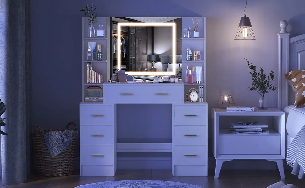 Teousev White Modern Wood Vanity Set with Touch Control Dimmable LED Lighted Mirror 7 Drawers Easy Assembly Bedroom Makeup Desk