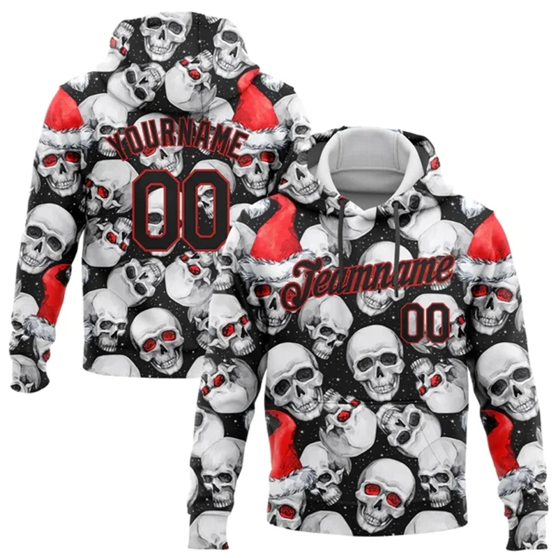 

Custom White Black-Red Skulls And Christmas Santa's Hat Sports Pullover Sweatshirt Hoodie 3D Printed Pullover Sweatshirt Hoodie