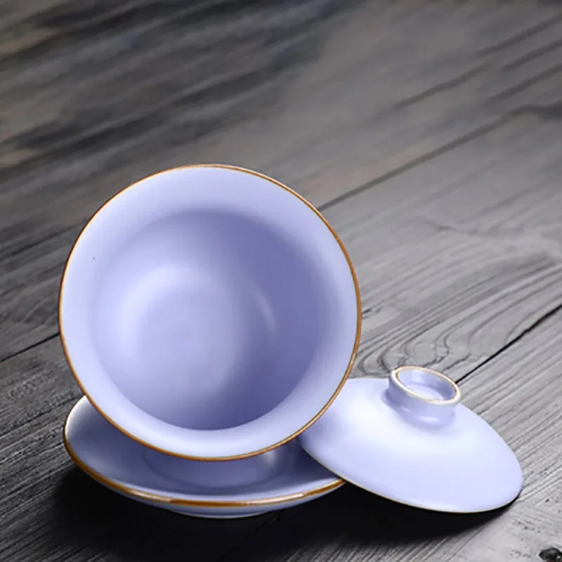 Traditional Ru Kiln Ceramic Tea Bowl, Tea Cups with Saucer, Travel Portable Gaiwan, Home Tea Ceremony Set, Drinkware, 150ml