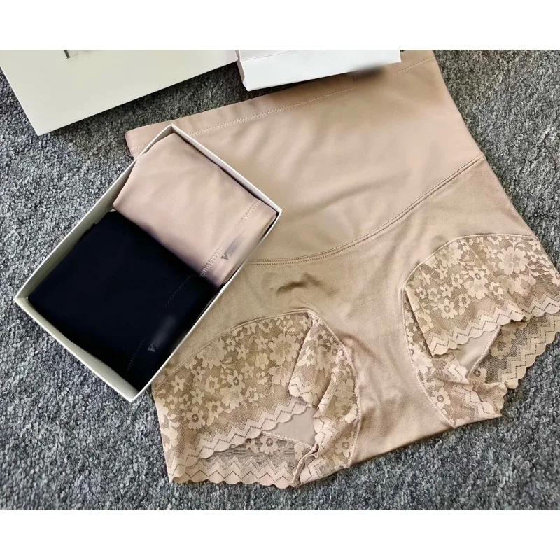 La high-rise tummy tuck lift pants women's all-in-one non-marking body pants sexy lace panels satin not rolled up