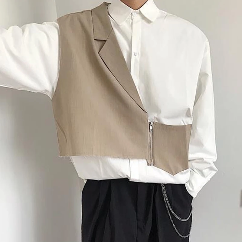 2023 Spring Autumn New Turn-down Collar Long Sleeve Button Shirt Man Fake Two Pieces Patchwork Zipper Contrast Color Y2K Tops