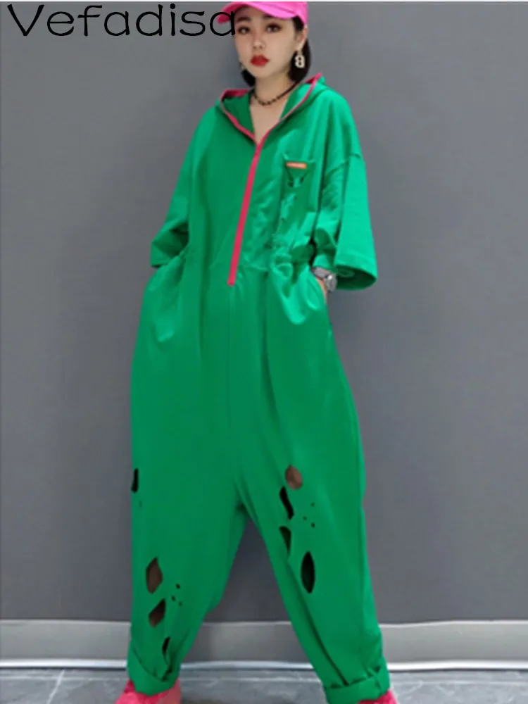 Green Orange 2023 Summer Short Sleeve Hooded Zipper Cardigan Jumpsuits