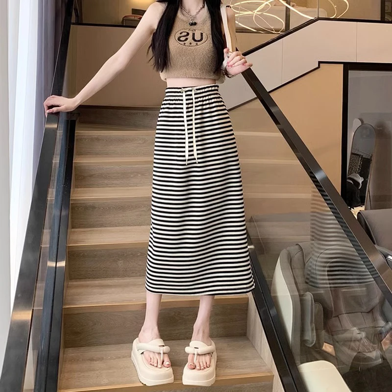 Korean Style Summer Maternity Striped Skirts Drawstring Waist Back Split Mid-calf Black White Pregnant Woman One-Step Skirt