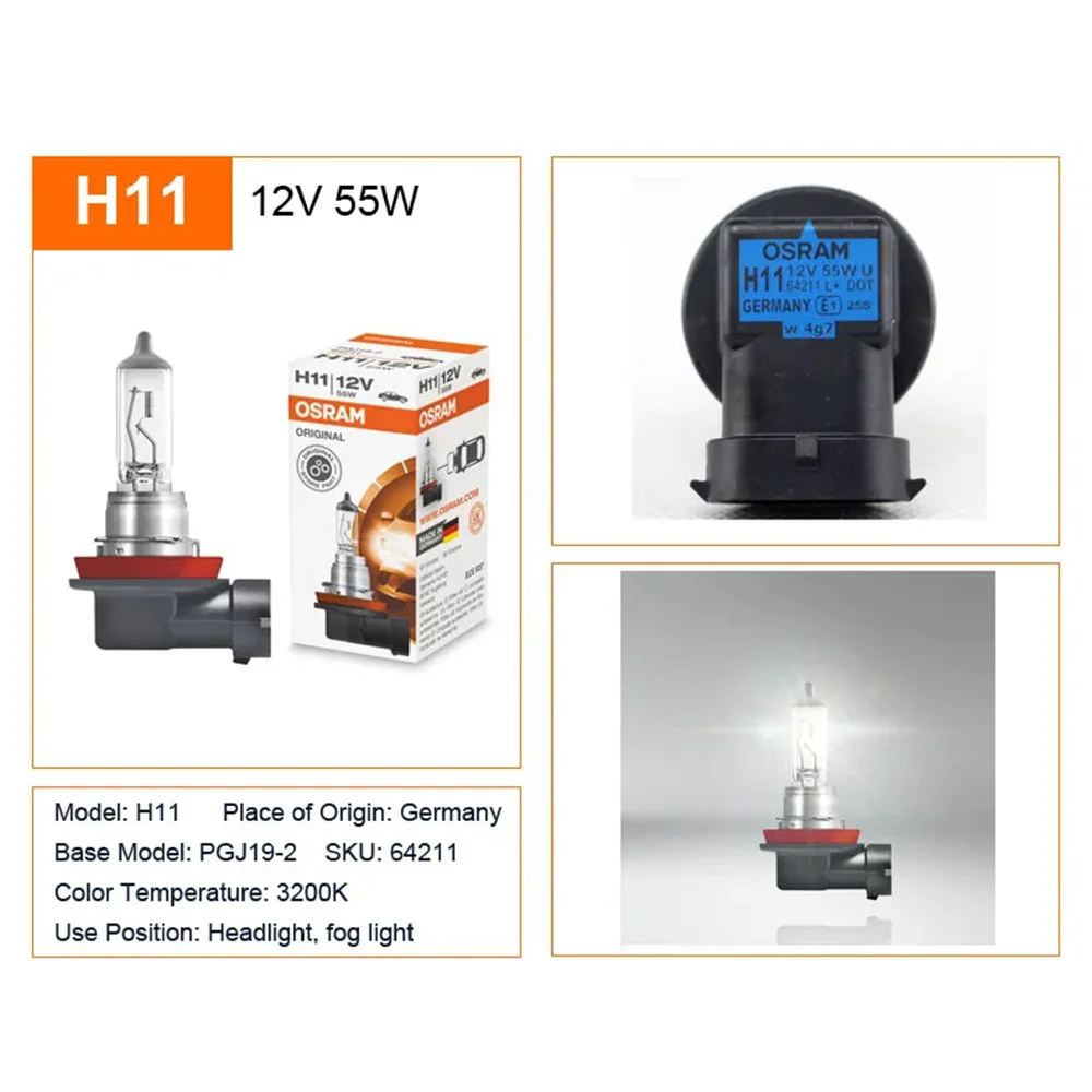 오스람 오리지널 라인 H11 64211 PGJ19-2 자동차 할로겐 헤드라이트, 안개등 표준 램프, OEM 독일제, 12V, 55W, 3200K, 1350Lm