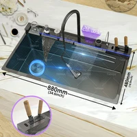 อ่างล้างจานสแตนเลสมัลติฟังก์ชั่นจอแสดงผลดิจิตอลน้ําตกขนาดใหญ่ช่องเดียวพร้อมชั้นวางสําหรับมีดล้างจานอ่างล้างหน้า 6