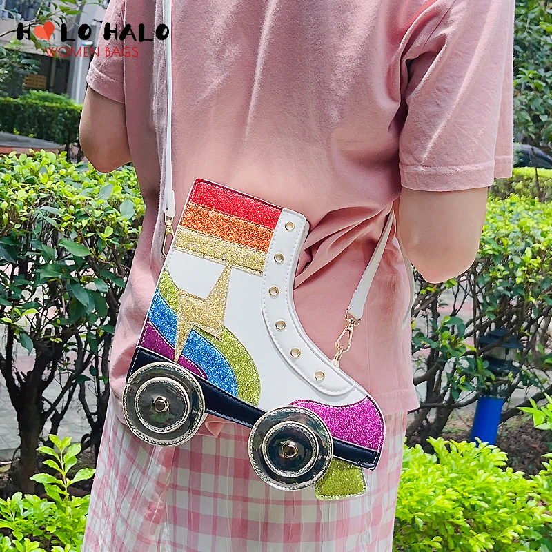 Fun Rainbow Glitter Roller Skate Women Handbag for Girls Novelty Rollerblade Crossbody and Pures Dazzing Daily Shoulder Bag Gift 4