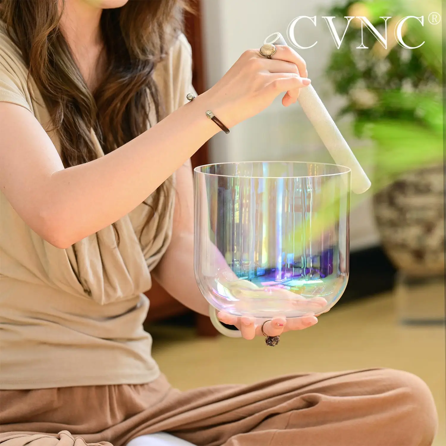 CVNC Cosmic Light Chakra Clear Quartz Crystal Singing Bowl for Anxiety Hypertension Stress Sound Healing, 7 Inch, 432Hz