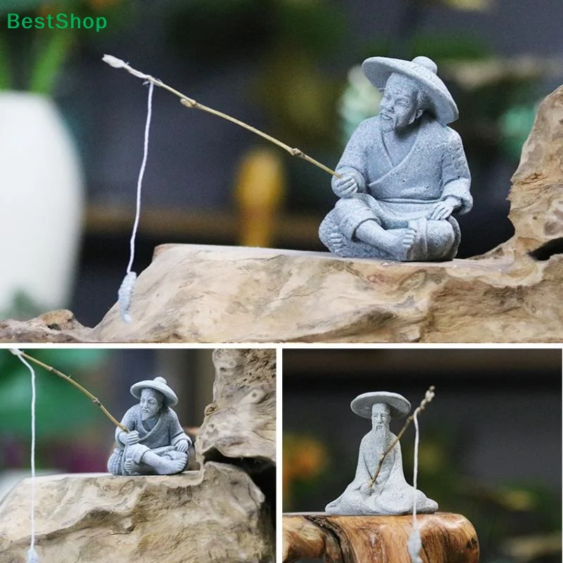 〔R〕Aquarium Mini-Fischer-Statue Asiatische Zen-Heimdekoration Fischbecken Garten Sitzender Angler Sandstein Vintage-Ornament