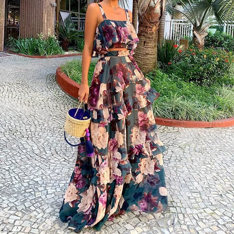 

2024 Summer New Beach Edge Fake Wind Print Two Piece With Suspender Top, Cake Skirt, Long Skirt Set For Women