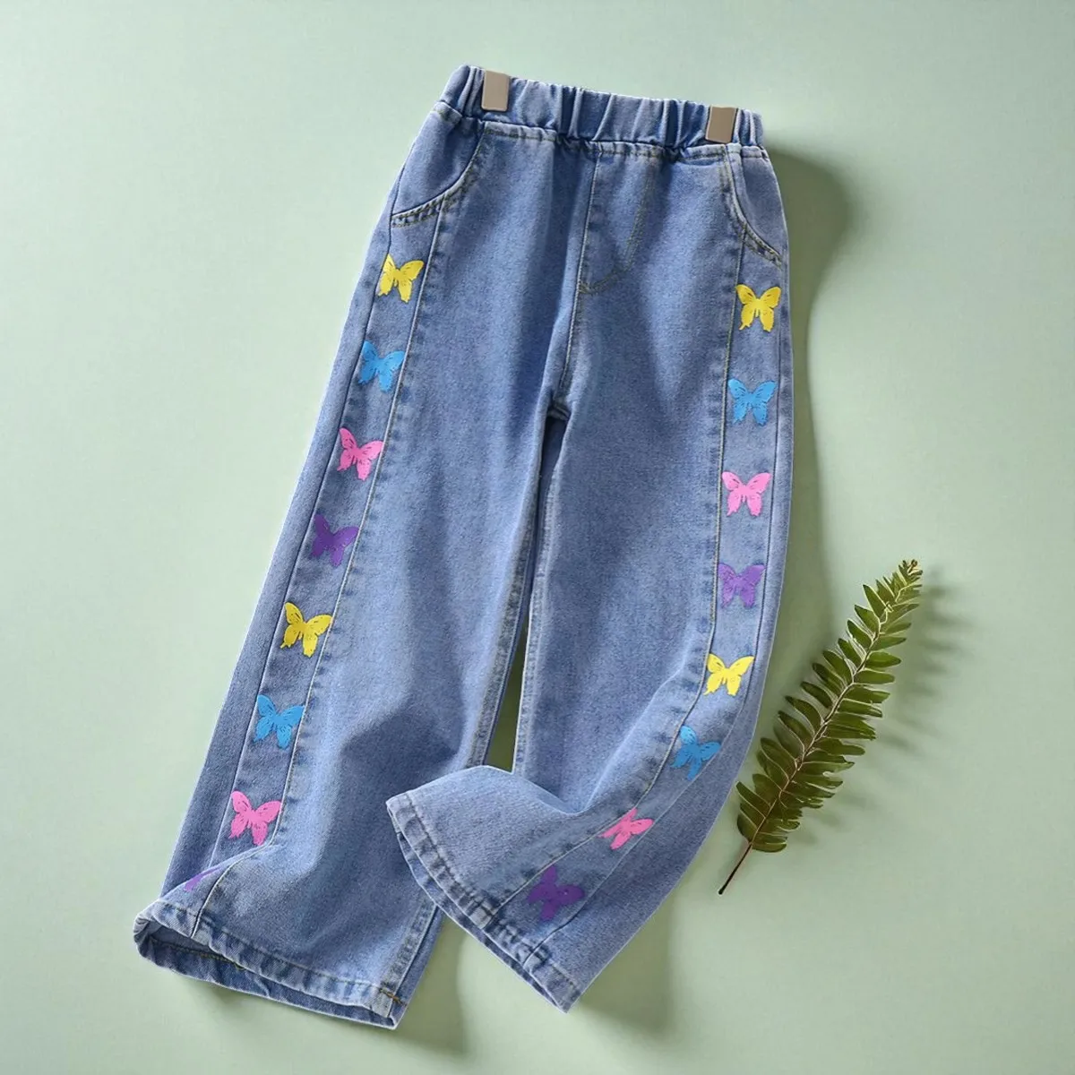 السراويل للفتيات الجينز المراهقين ملابس الأطفال فراشة طباعة السراويل ربيع الخريف الطفل الاطفال الملابس الجينز 6 8 10 12 14 Y