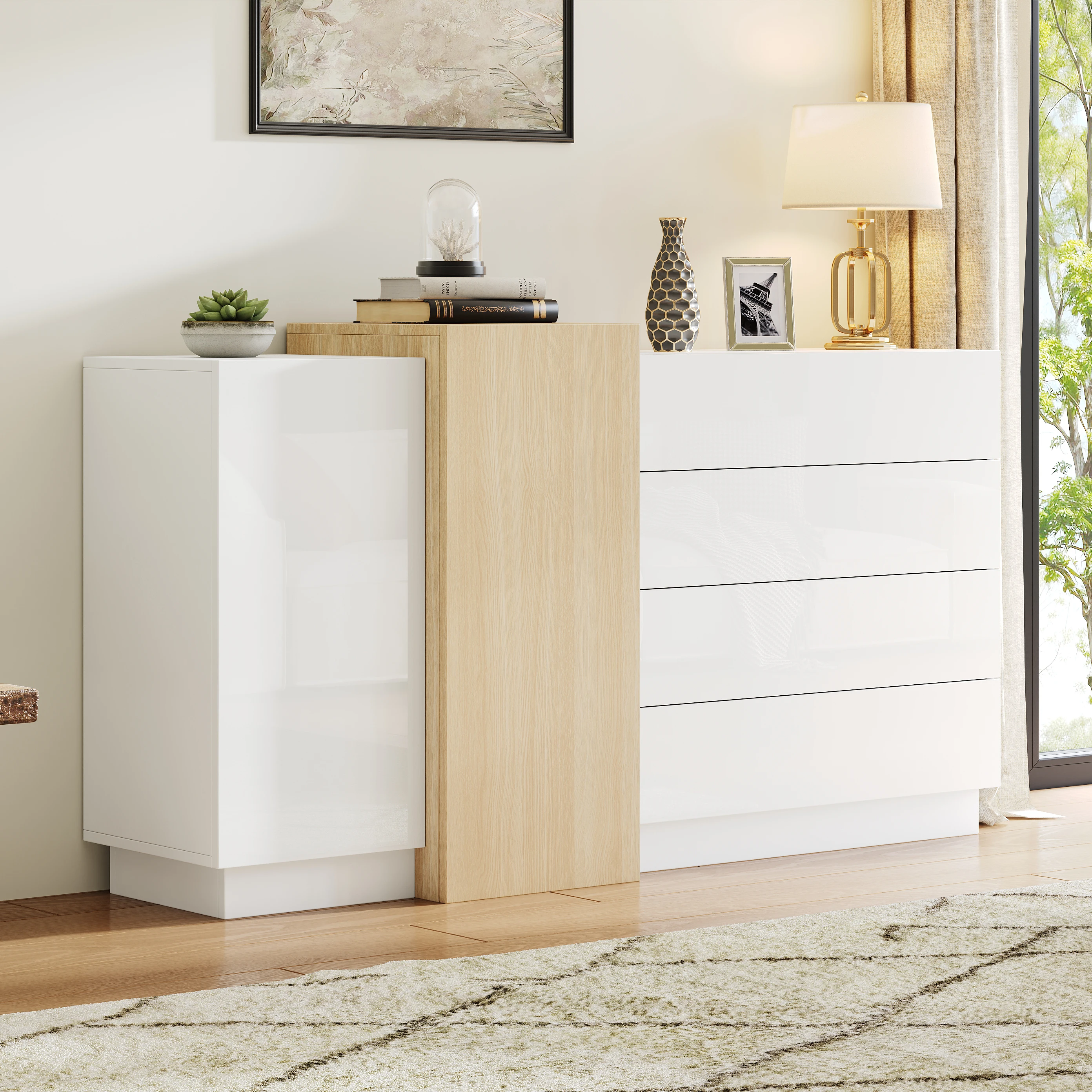KOMHTOM Weißes Hochglanz-Sideboard Modern - Esszimmerschrank mit Stauraum, Minimalistischer holzfarbener Aufbewahrungsschrank – Detail 2
