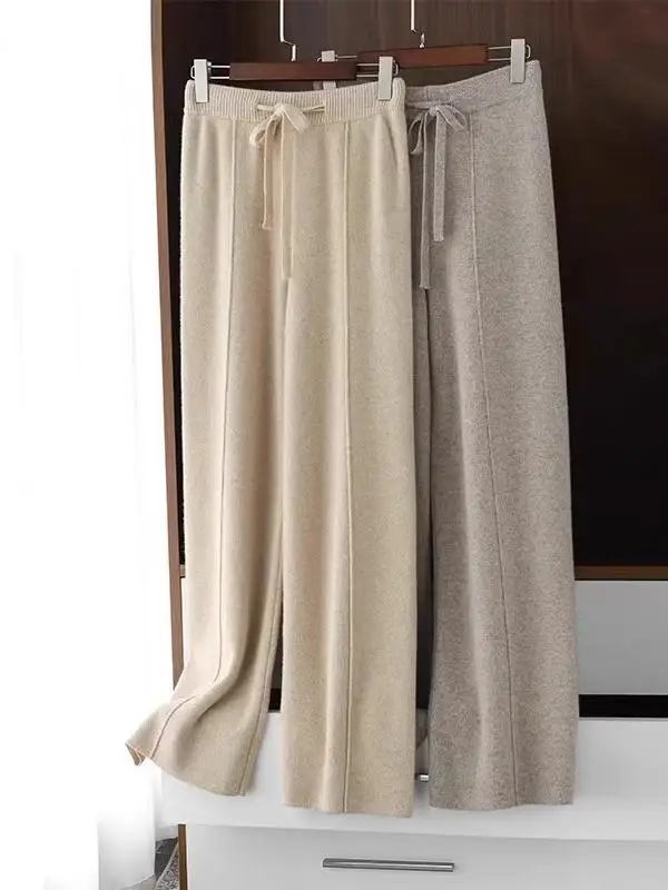 Thiened Wool Knitted Wide Leg Pants High Waist Drapey Narrow Version Floor-Length Straight Tube Pants for Women