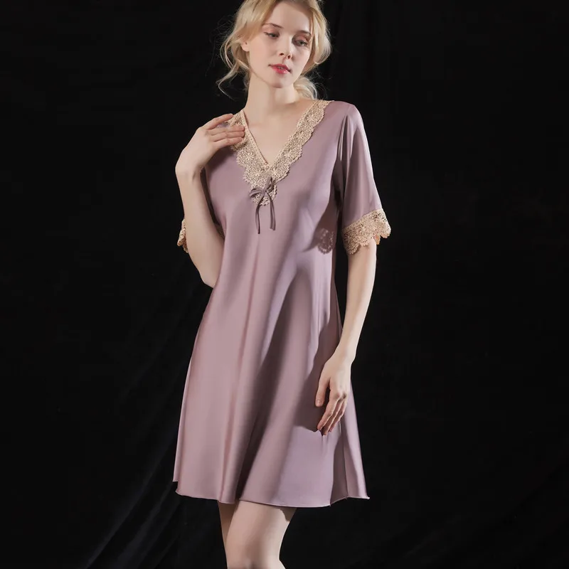 New Spring and Summer Silk Nightdress Homewear Sexy Lace Pajamas Soft Satin Silk Short Sleeve Dress