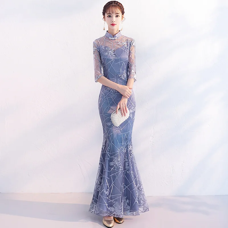 

Elegant Embroidery Chiffon Mermaid Party Dress Women Bride Mandarin Collar Cheongsam Wedding Bridesmaid Qipao Vestidos