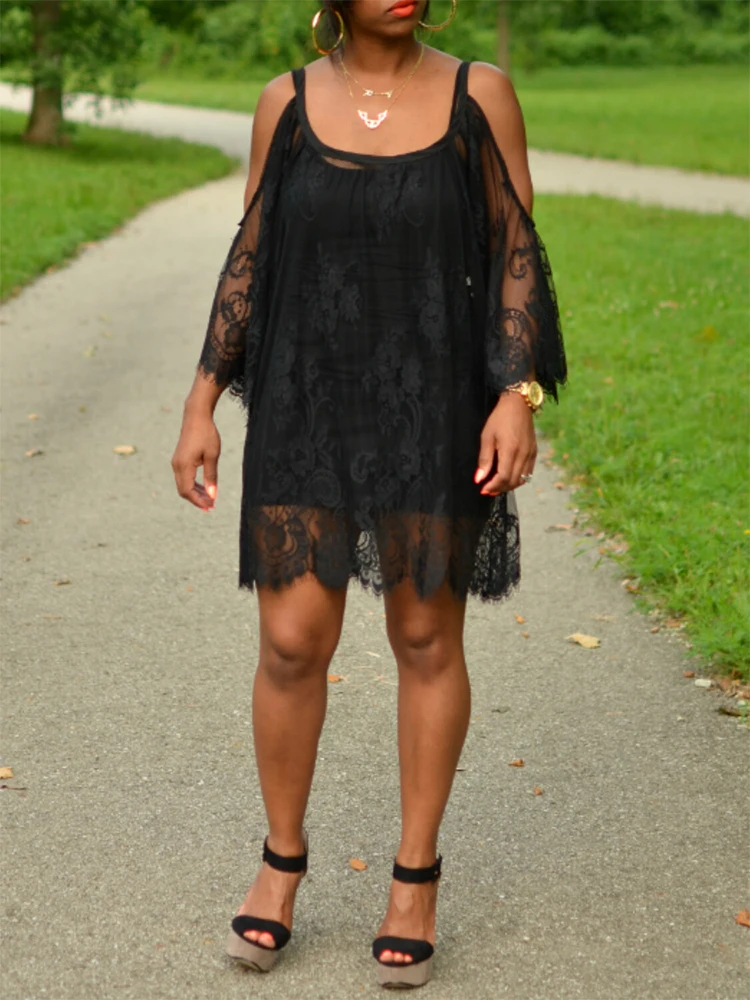 Plus Size Black Women Casual Dress Sexy Lace Hollow Out Spaghetti Strap See Through Straight Dress Mini Dresses Summer 2025