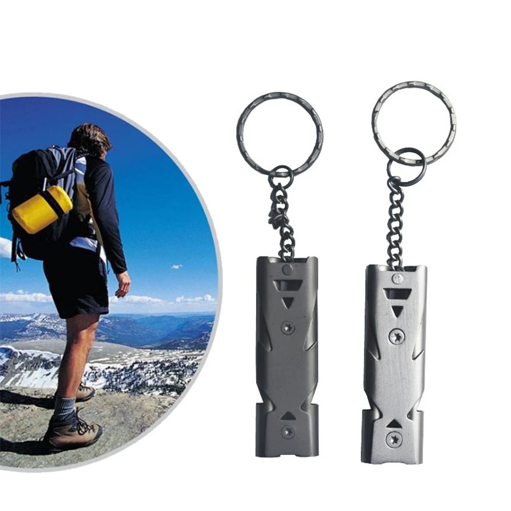 

Outdoors High Decibel Portable Keychain Whistle Stainless Outdoor Survival Sentry Steel Double Pipe Emergency Survival Whistle