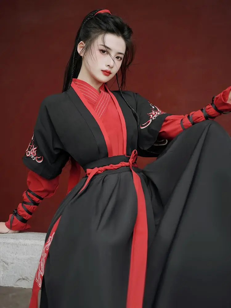 Female Chinese Style Martial Arts Hanfu WeiJin Style Costume Embroidered Clothes Chinese Folk Dance Performance Dress