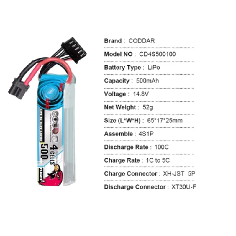 

3PCS CODDAR 500MAH 4S 14.8V 100C aircraft model 1.6-inch 2-inch drone battery