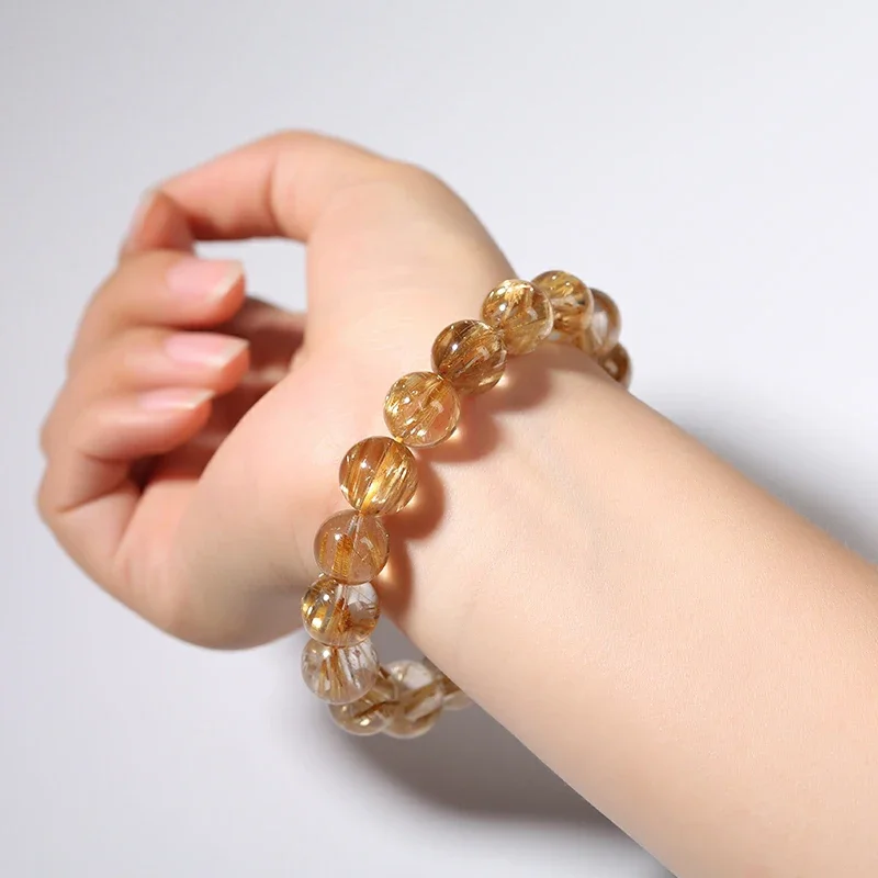 Rutilated Quartz Crystal Bracelet Quartz Round Bead Ladies Jewelry Stone Bead Bracelet Crystal Quartz Bracelet Natural Stone Bracelet Beaded Bracelet Crystal Bracelet 1PC For Women