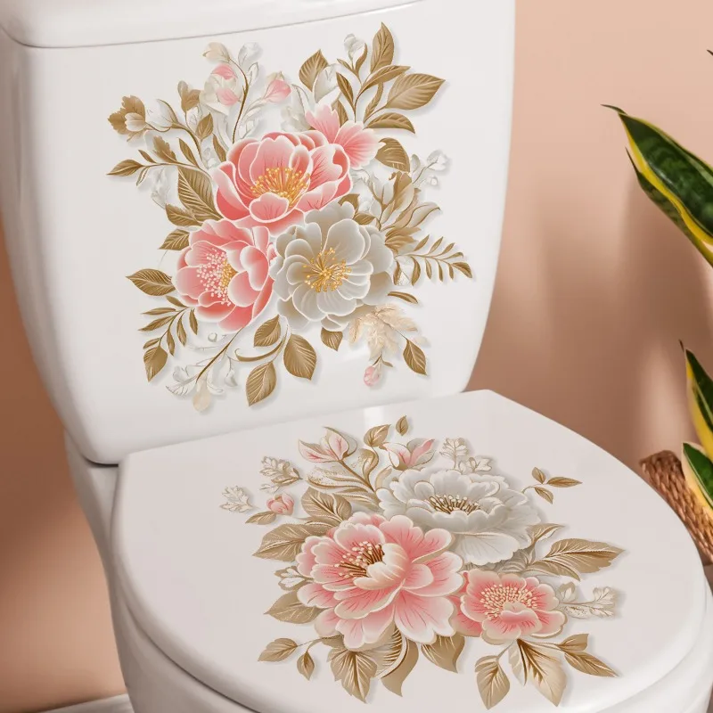 Natural Plant Luxury Flowers Waterproof Toilet Sticker Bathroom Toilet Cover Decoration Self Adhesive Wall Stickers Decal