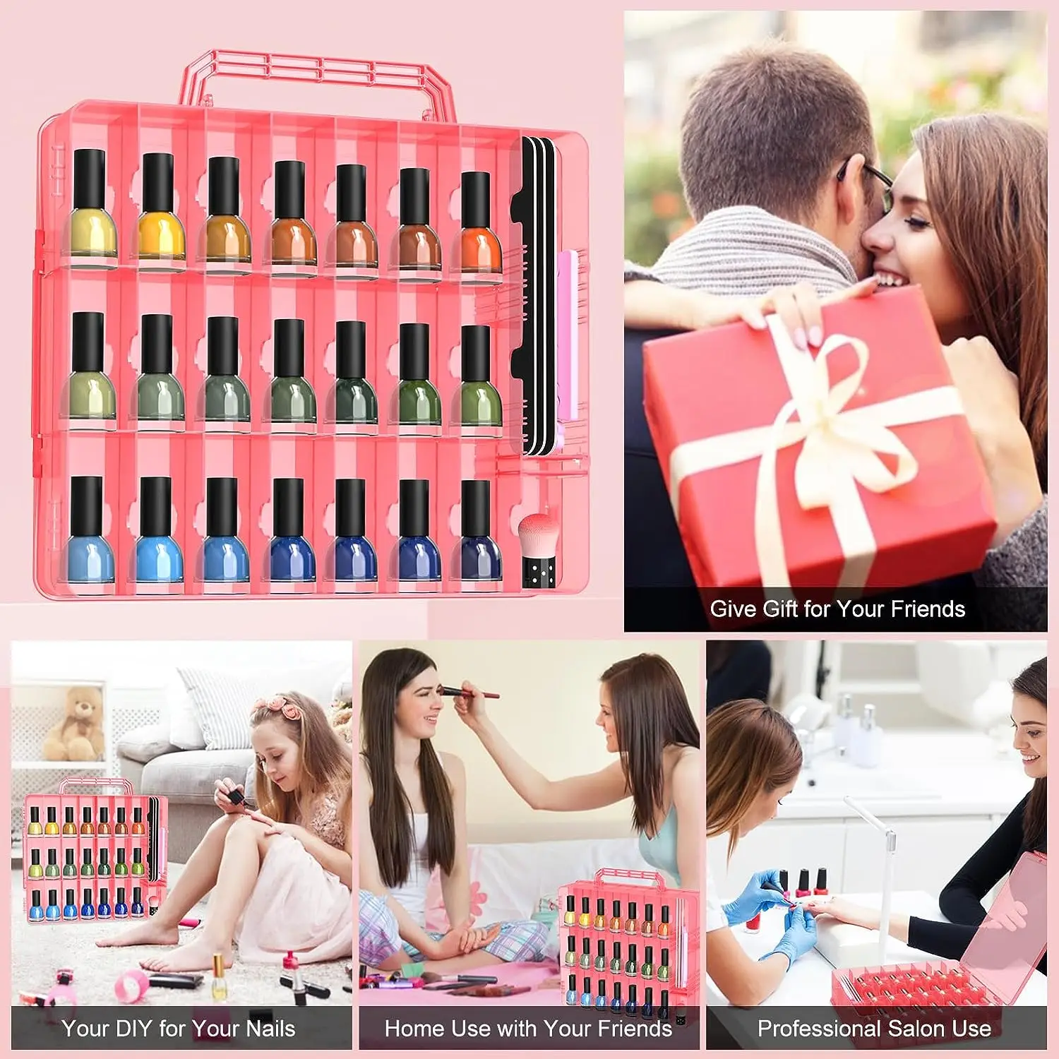 Portable Nail Polish Organizer Clear Double Side Nail Polish Holder Gel Nail Storage for 48 Bottles with 6 Adjustable Dividers