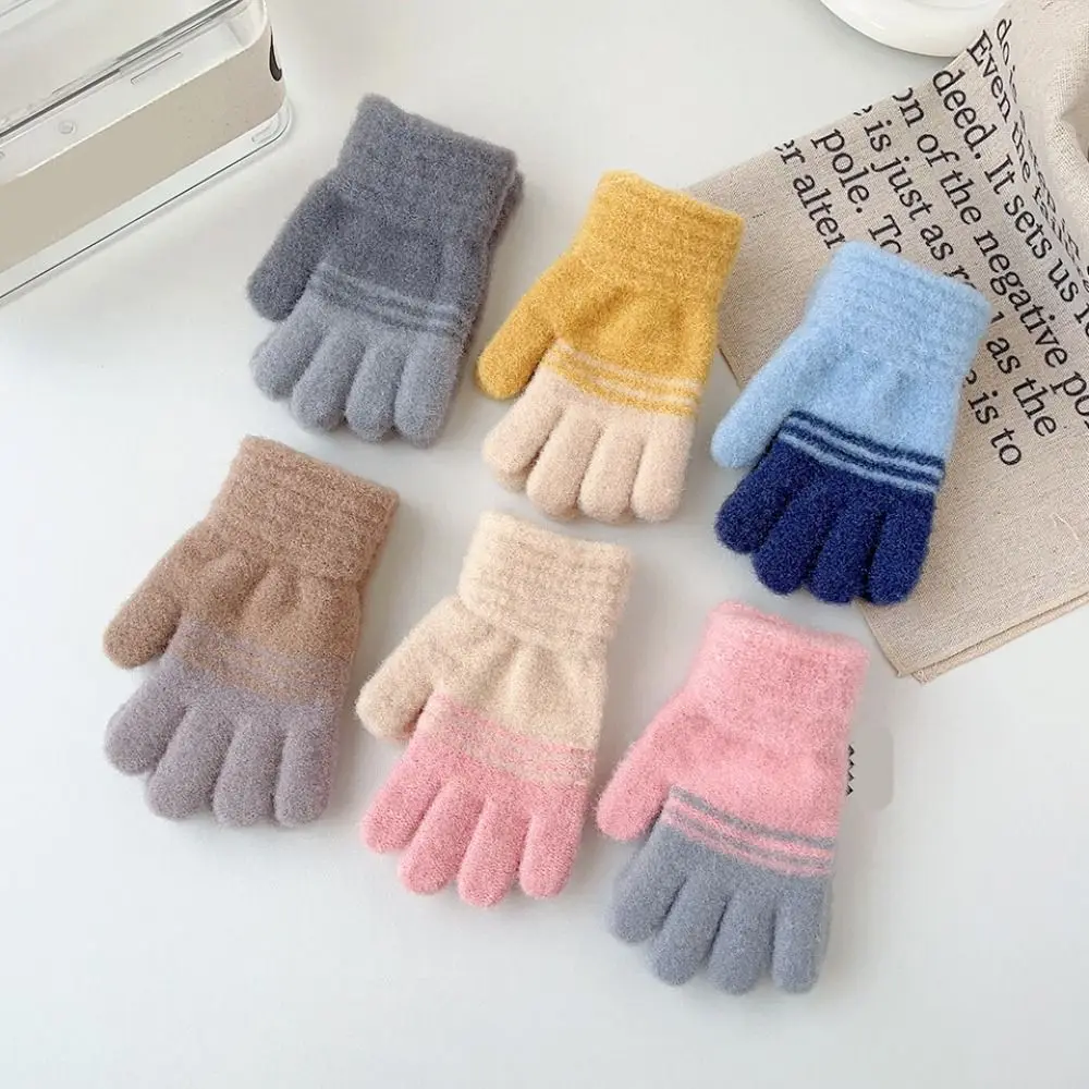 

Contrast Stripes Kids Gloves New Thickening Outdoor Sports Full Finger Mittens Winter Warm Windproof Knitted Thermal Gloves