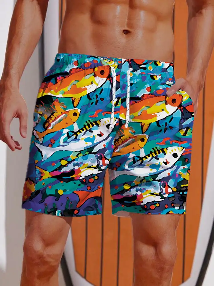 2024 3D Printed Hawaiian Vacation Style Printing Shorts Men's Casual Board Shorts Swim Trunks Drawstring Breathable Short Summer 2