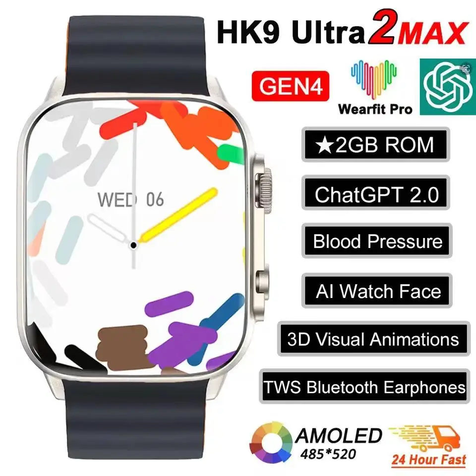 HK9 Pro Max + Gen4 AMOLED 스마트 워치 남녀공용 NFC 나침반 ChatGPT 사진 앨범 스마트워치 시리즈 9 심박수 스포츠 워치 2024