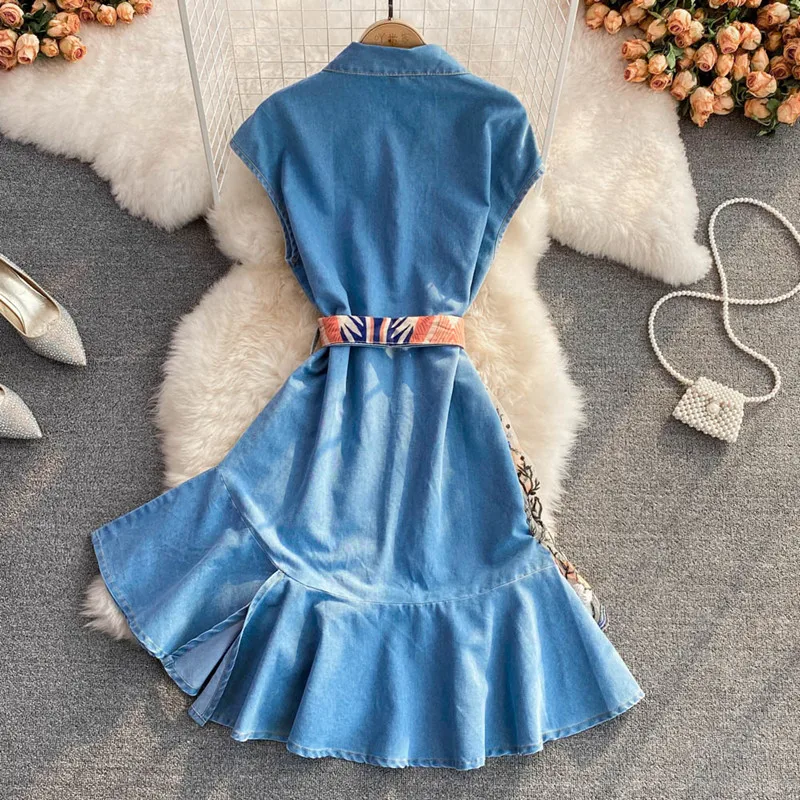 Blue Denim Dress Women Mesh Spliced Fashion Embroidery High Waist Jeans  Dress Female Lapel Sleeveless Loose Casual Summer Dress - AliExpress