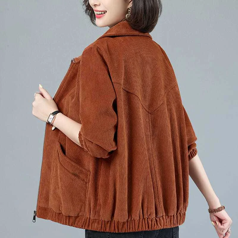 2023 Spring and Autumn Loose Fitting Casual Fashion Versatile Lapel Zipper Pocket Long Sleeved Solid Color Corduroy Women's Coat