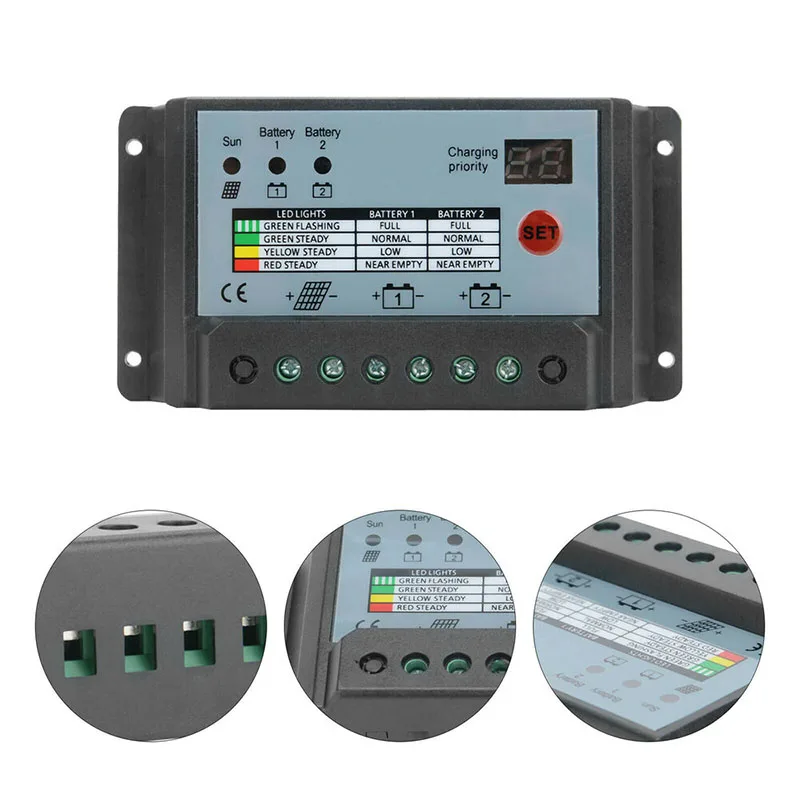 Dual-Battery Solar Controller - 10A/20A/30A PWM for 12V/24V Systems - Two Batter