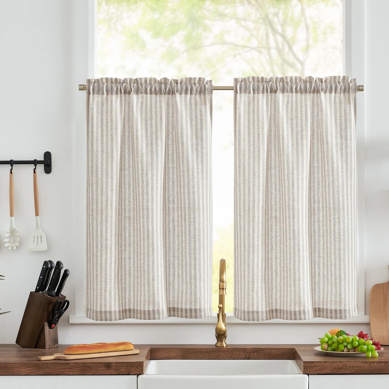 JINCHAN 2 Panels Linen Kitchen Curtains Japanese Striped Short Cover Curtains Rod Pocket Home Interior Shade Window Drapes Cafe 2