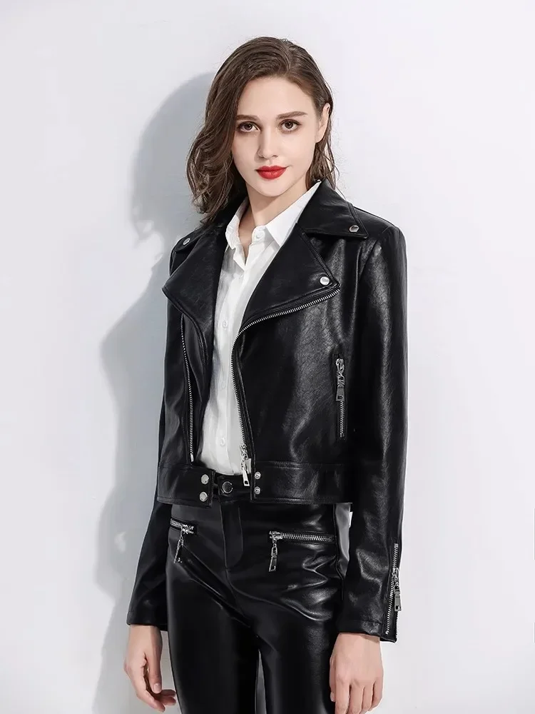 

Simple Slim-fit Cropped Faux Leather Jacket for Women 2024 New Spring Autumn Solid Casual Motorcycle Jacket Black Red