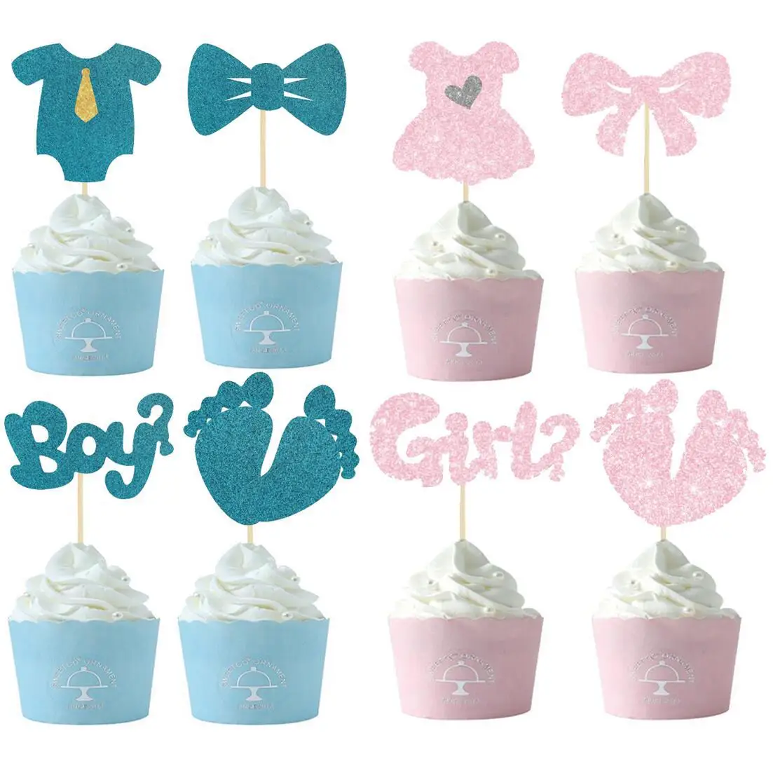 12Pcs Boy Girl Footprint Cupcake Flags Dress Abbigliamento Papillon Cake Topper Gender Reveal Party Baby Shower Cake Baking Decor