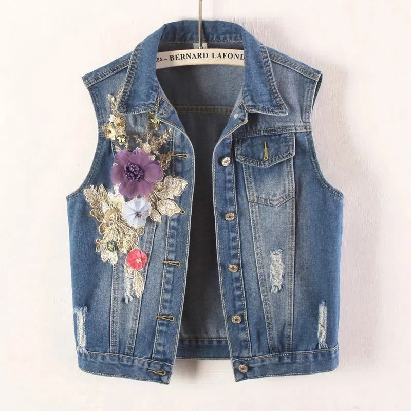 

Vintage Short Denim Vest Female Slim Korean Sleeveless Jacket 2023 Spring Summer New Clothes Embroidery Waistcoat Ladies H2797