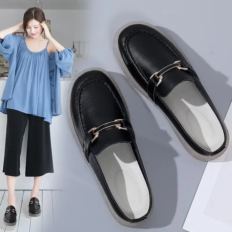 

2024 Spring Comfortable Genuine Leather Soft Bottom Mom Shoes Shallow Mouth round Toe Flat Bottom Moccasins Loafers